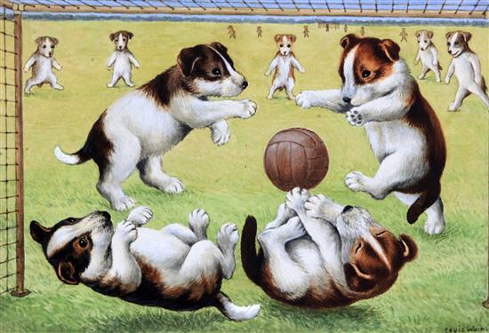 Louis Wain (1860-1939) Terrier puppies playing football 7 x 10in., unframed